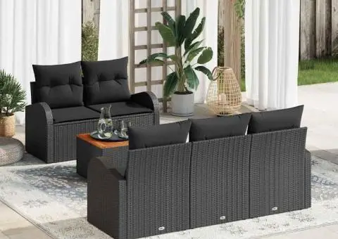 Set de Sofa pentru Grădină 6 Piese cu Perne Negru Ratan Poliester Acacia - 1/5