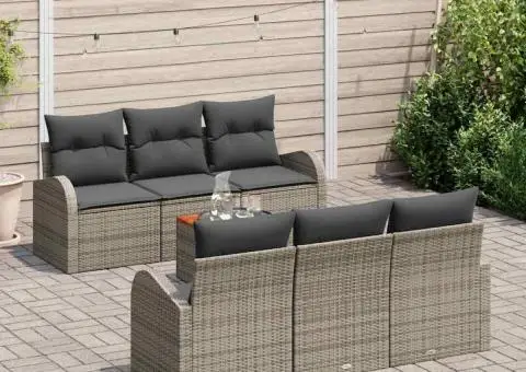 Set de canapea de grădină 7 piese cu perne gri poliratan acacia - 3/5