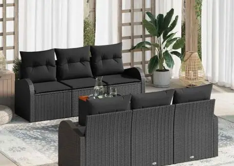 Set de canapea de grădină cu 7 piese cu perne, negru, din ratan poli și oțel - 1/5