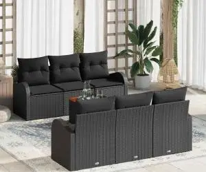 Set de canapea de grădină cu 7 piese cu perne, negru, din ratan poli și oțel