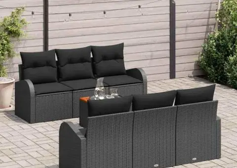 Set de canapea de grădină cu 7 piese cu perne, negru, din ratan poli și oțel - 3/5