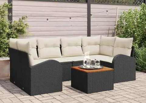 Set de 7 Sofă de Grădină cu Pernute Negru din Poliratan Acacia - 1/5