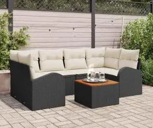 Set de 7 Sofă de Grădină cu Pernute Negru din Poliratan Acacia