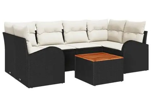 Set de 7 Sofă de Grădină cu Pernute Negru din Poliratan Acacia - 2/5