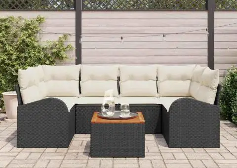 Set de 7 Sofă de Grădină cu Pernute Negru din Poliratan Acacia - 3/5