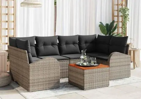 Set de canapea de grădină de 7 piese cu perne gri din ratan poli acacia - 1/5