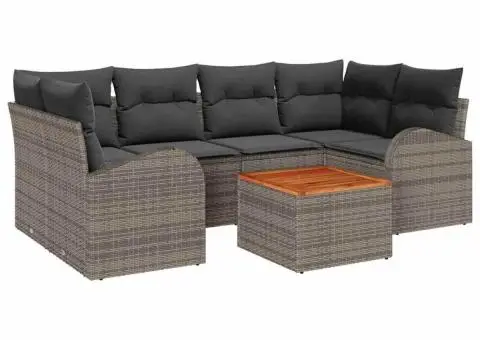 Set de canapea de grădină de 7 piese cu perne gri din ratan poli acacia - 2/5