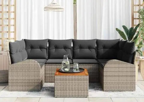 Set de canapea de grădină de 7 piese cu perne gri din ratan poli acacia - 3/5