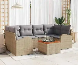 Set Canapea Grădină de 7 Piese cu Pernă Bej Ratan Poli Acacia