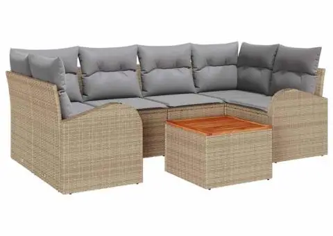 Set Canapea Grădină de 7 Piese cu Pernă Bej Ratan Poli Acacia - 2/5