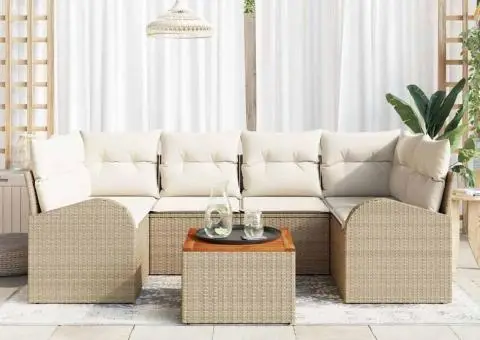 Set canapea grădină cu perne bej din ratan sintetic acacia - 3/5