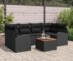 vidaXL Set de 7 Piese Sofa de Grădină cu Pernuțe Negru Poliratan Acacia