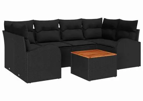 Set de 7 Piese Sofa de Grădină cu Pernuțe Negru Poliratan Acacia - 2/5