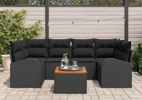 Set de 7 Piese Sofa de Grădină cu Pernuțe Negru Poliratan Acacia - 3/5