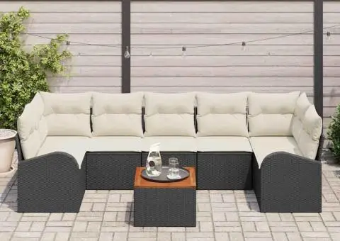 Set de Canapele pentru Grădină din 8 Piese cu Perne Negru Poliratan Acacia - 3/5