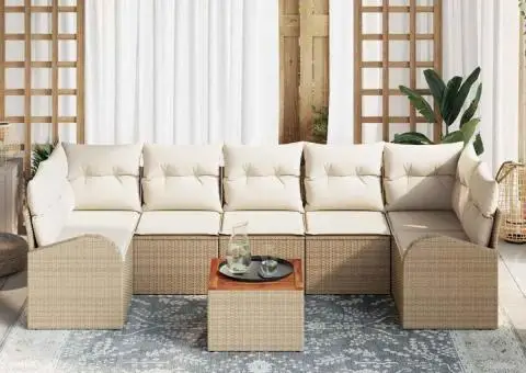 Set de Sofas pentru Grădină cu 8 Piese cu Perne Bej din Ratan Acacia - 3/5