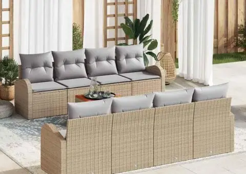 Set de Canapea de Grădină cu 9 Piese cu Perne Bej Ratan Poli Acacia - 1/5