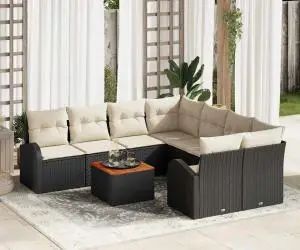 Set Canapea Grădină vitaXL de 9 Piese cu Perne Negru Răchită Polimerică Acacia