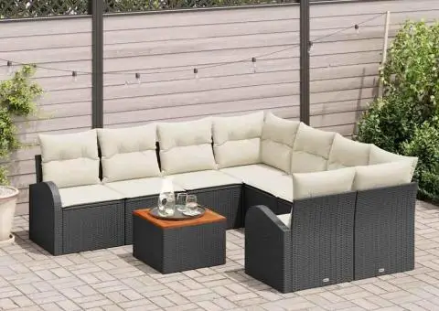 Set Canapea Grădină vitaXL de 9 Piese cu Perne Negru Răchită Polimerică Acacia - 3/5