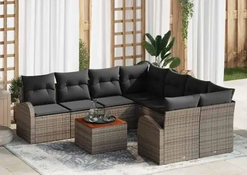 Set de canapele cu 9 piese și perne gri din rattan și acacia - 1/5