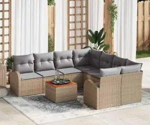 Set Canapele Grădină 9 Piese cu Perne Bej Ratan Poliester acacia