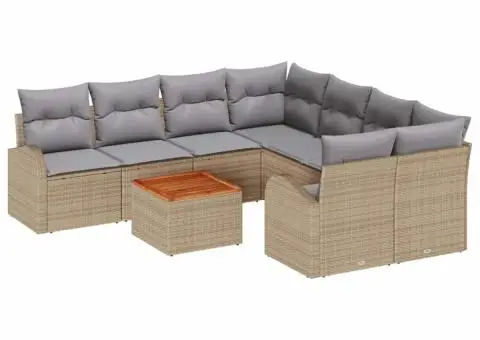 Set Canapele Grădină 9 Piese cu Perne Bej Ratan Poliester acacia - 2/5