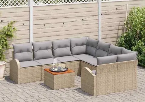 Set Canapele Grădină 9 Piese cu Perne Bej Ratan Poliester acacia - 3/5