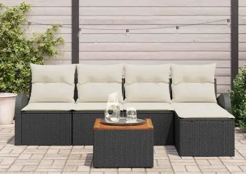 Set Canapea Grădină 6 Piese cu Pernă Negru Poliratan Acacia - 3/5