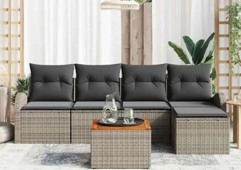Set Canapea Grădină 6 Piese cu Pernuțe Gri Poliratan Acacia - 3/5
