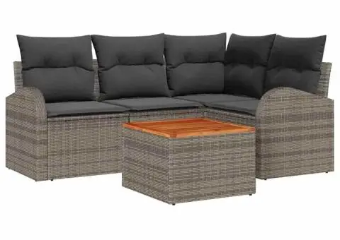 Set canapea de grădină 5 piese cu perne gri ratan poli acacia - 2/5