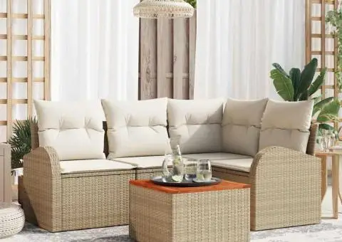 Set canapea grădină de 5 piese cu perne Bej Poliratan Acacia - 1/5