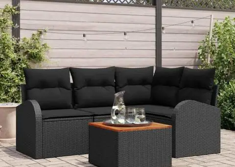 Set canapea de grădină , 5 piese, cu perne, negru, poliratan, acacia - 1/5