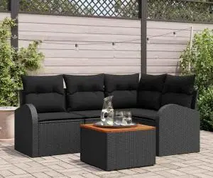 vidaXL Set canapea de grădină , 5 piese, cu perne, negru, poliratan, acacia
