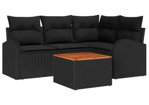 Set canapea de grădină , 5 piese, cu perne, negru, poliratan, acacia - 2/5