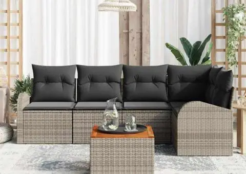 Set canapea grădină 6 piese cu perne gri ratan polimer acacia - 3/5