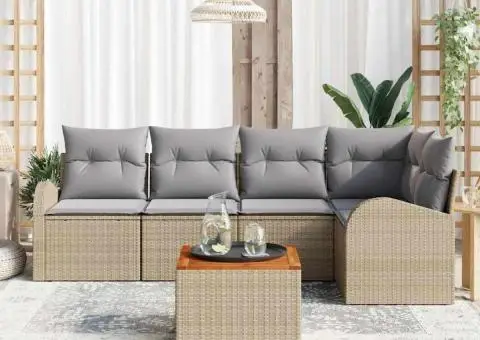 Set de 6 piese pentru Grădină cu Pernițe Bej din Ratan Poli și Acacia - 3/5