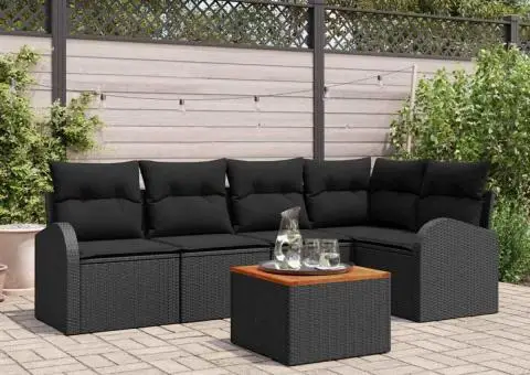 Set de canapea de grădină cu perne, negru, poliratan, acacia - 1/5