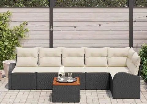Set canapea de grădină 7 piese cu perne Black Poly Rattan Acacia - 3/5