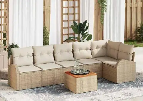 Set de canapele pentru grădină 7 piese cu perne Bej Ratan Polițat Acacia - 1/5