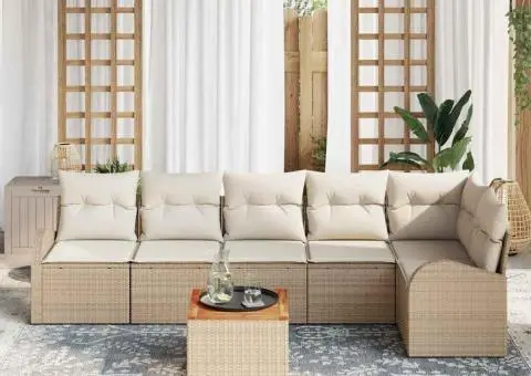 Set de canapele pentru grădină 7 piese cu perne Bej Ratan Polițat Acacia - 3/5