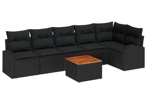 Set canapea de grădină 7 piese cu perne negru poli ratan acacia - 2/5