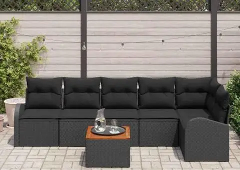 Set canapea de grădină 7 piese cu perne negru poli ratan acacia - 3/5