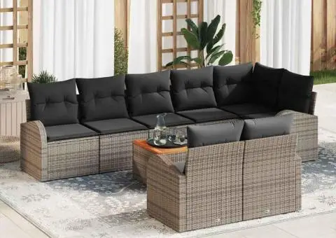 Set Canapea Grădină 9 Piese cu Perne Gri Poliratan Acacia - 1/5