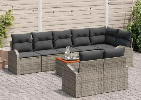 Set Canapea Grădină 9 Piese cu Perne Gri Poliratan Acacia - 3/5