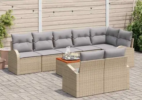 Set de Canapea pentru Grădină cu 9 Piese și Perne Bej Poliratan Acacia - 3/5