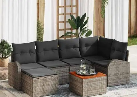 Set Canapea Grădină 7 Piese cu Pernă Gri din Poliratan și Acacia - 1/5