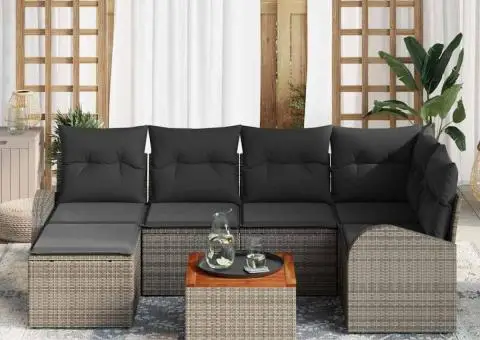 Set Canapea Grădină 7 Piese cu Pernă Gri din Poliratan și Acacia - 3/5