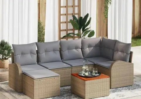 Set de 7 Piese de Sofa de Grădină cu Perne Bej din Rattan Poli Acacia - 1/5