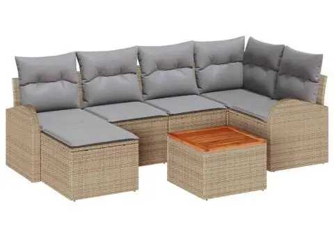 Set de 7 Piese de Sofa de Grădină cu Perne Bej din Rattan Poli Acacia - 2/5