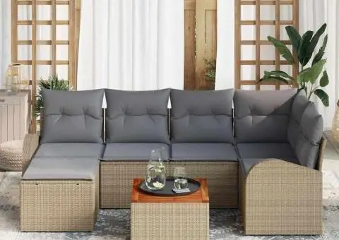 Set de 7 Piese de Sofa de Grădină cu Perne Bej din Rattan Poli Acacia - 3/5